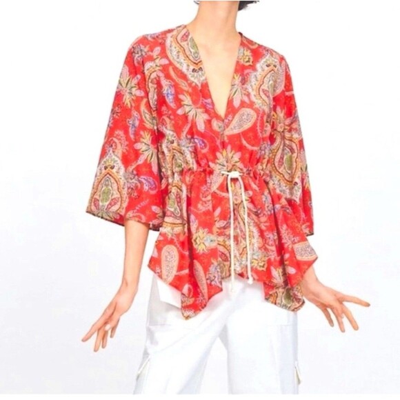 ZARA Womens SZ L Oversized Tunic Peplum Short Sleeve Paisley Red Floral Tropical - Picture 1 of 12